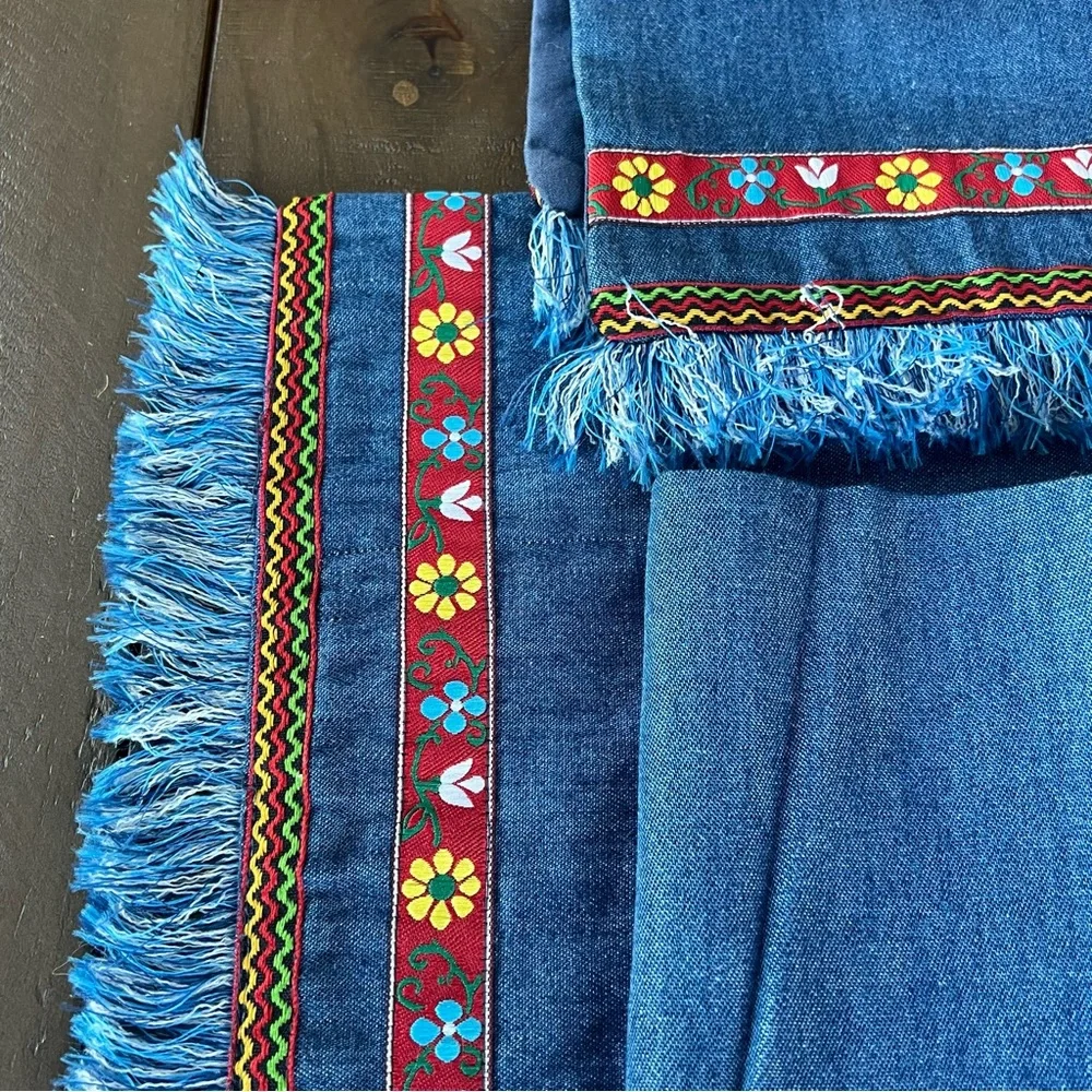 Vintage Boho Denim Placemats Napkins Set Fringe Farmhouse Table Decor NWT